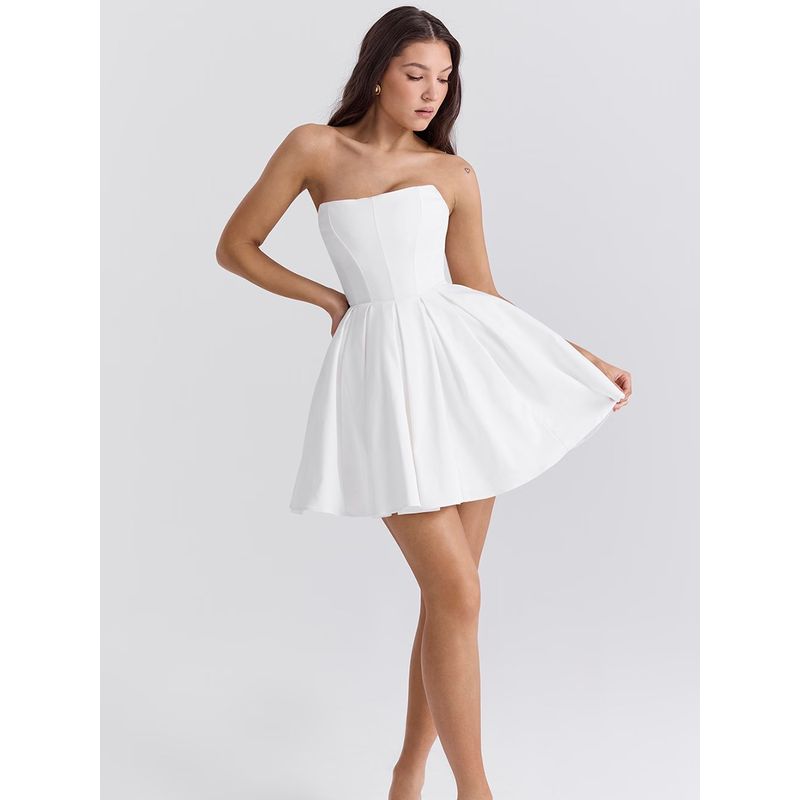 House Same Style Beautiful White Strapless Dress French Sweet First Date Chic Pleated Sleeveless Dress Dress