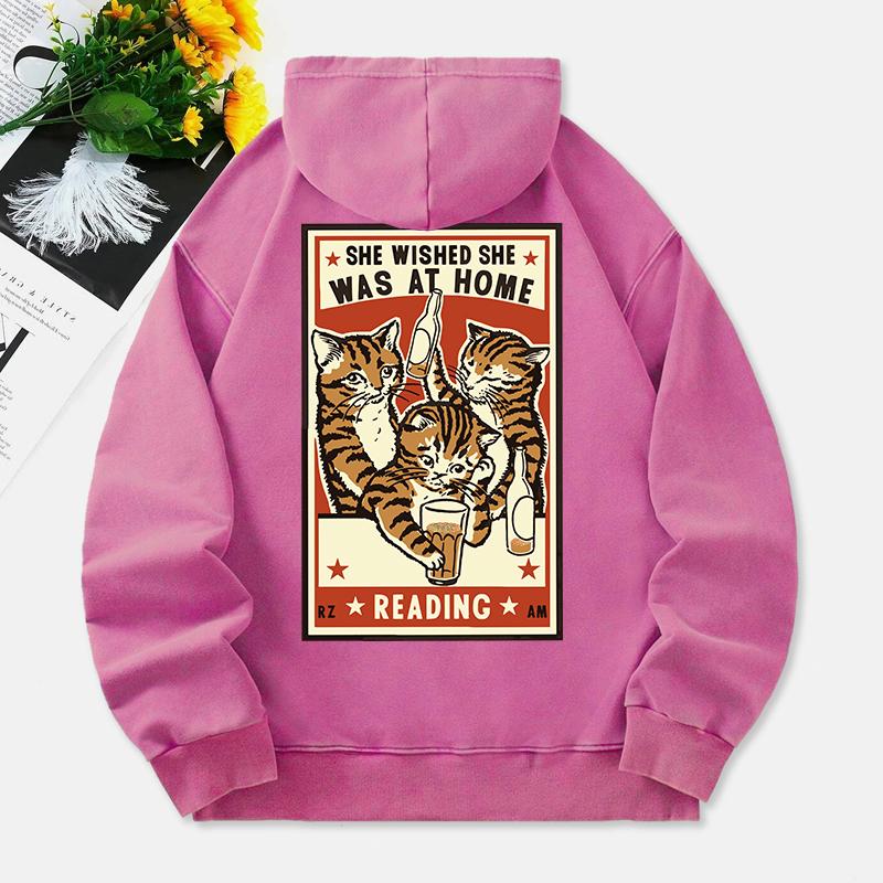 Drinking Cats Washed Hoodie Womens Vintage Printed Cotton Tops Distressed Pocket Oversize Womans Streetwear