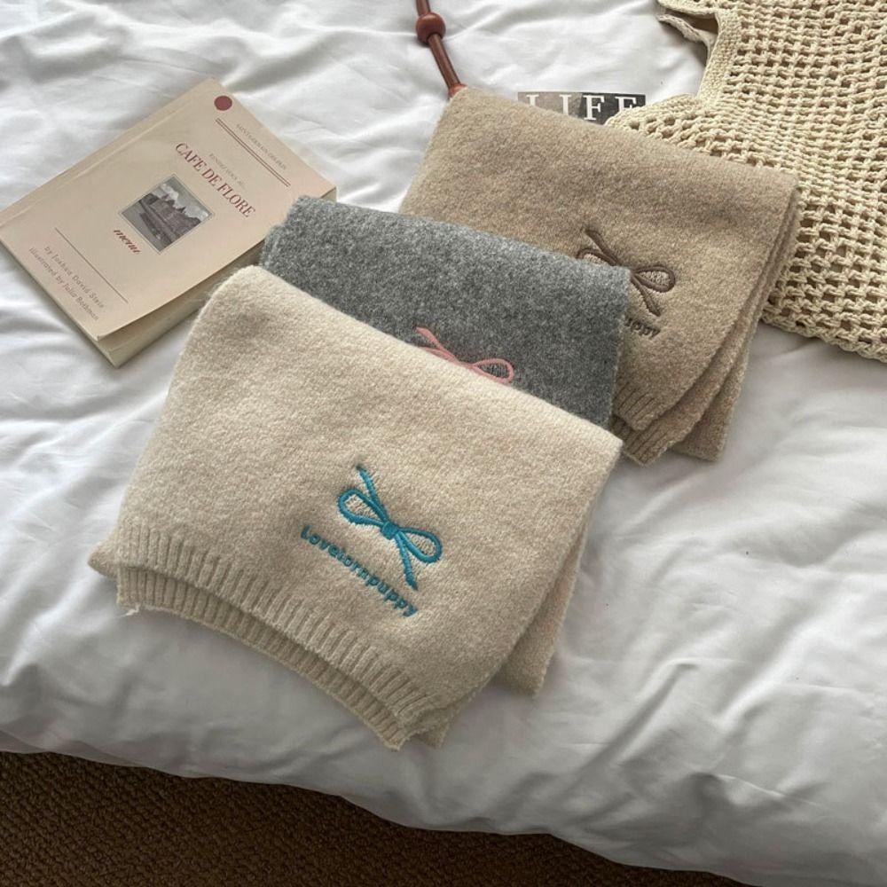 Bowknot Knitted Scarves Cashmere Wool Shawl Retro Embroidery Bow Scarf Male