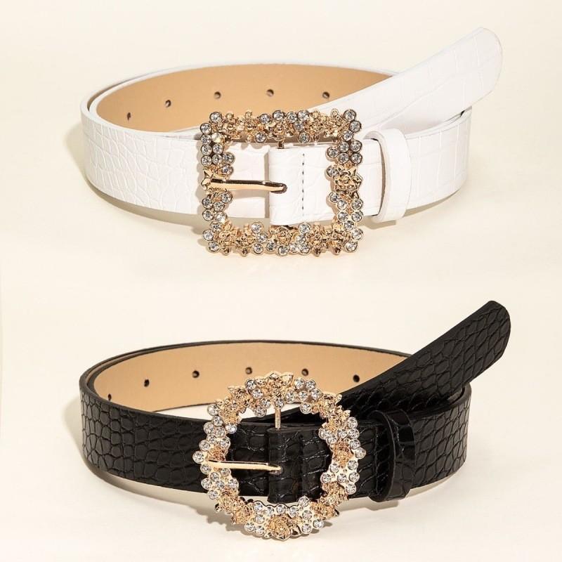Elegant Women's White Gold Plated Rhinestone Buckle Fashion Dress Belt For Stylish Outfits