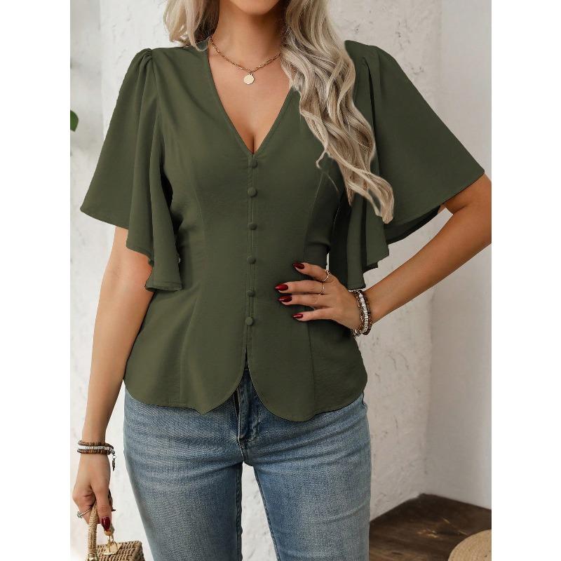 JKASHDK Women's Fashion Casual Summer Spring Solid Color Print Short Sleeve V-Neck Blouses & Shirts