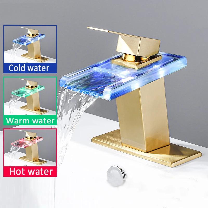 Basin Faucet Waterfall LED 3 Colors Glass Outlet Bathroom Battery Powered Basin Mixer Tap Chrome Deck Mounted Hot Cold Tap