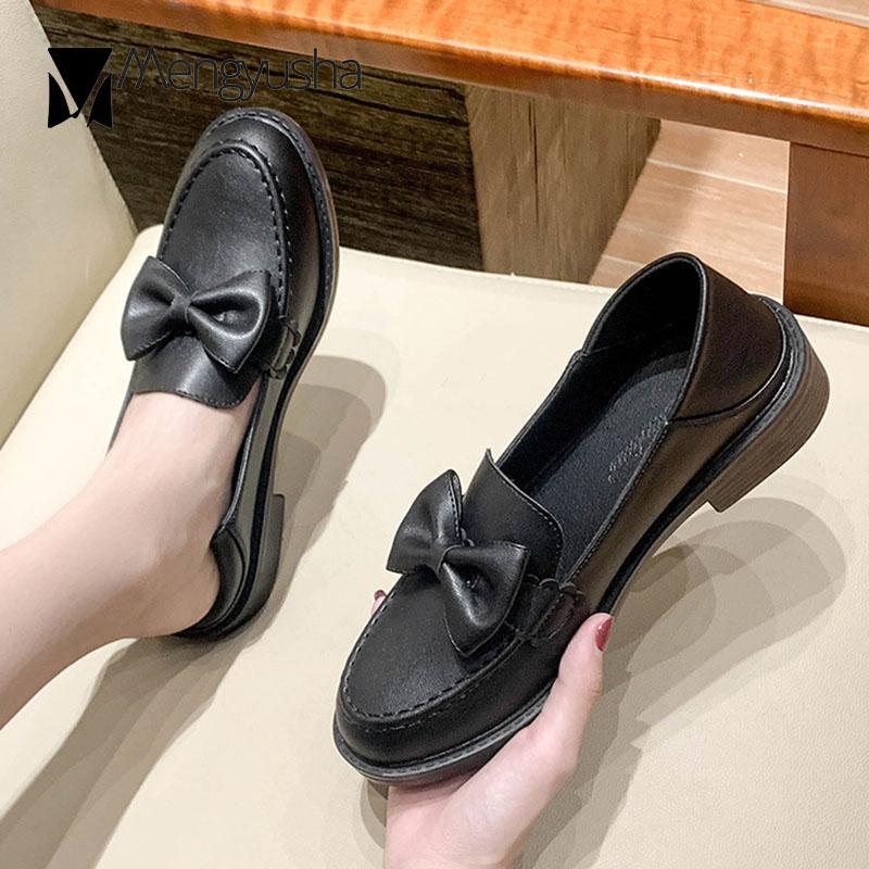 Preppy Girls Bowknot Oxfords Women Slip On Loafers Retro Small Leather Shoes Woman Winter Plush Round Toe Warm Plush Flats 34-41