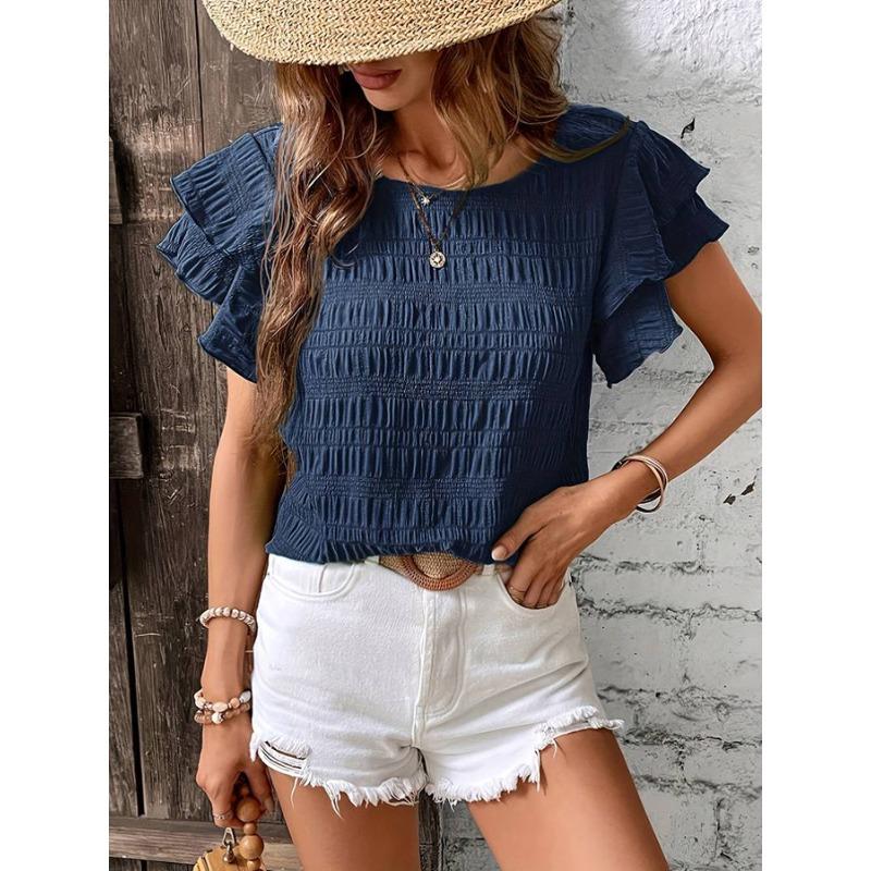 Women's Textured Ruffle Short Sleeve Blouse Summer Crew Neck Tops Dressy Casual Loose Fit Tee Shirts Beach Clothes
