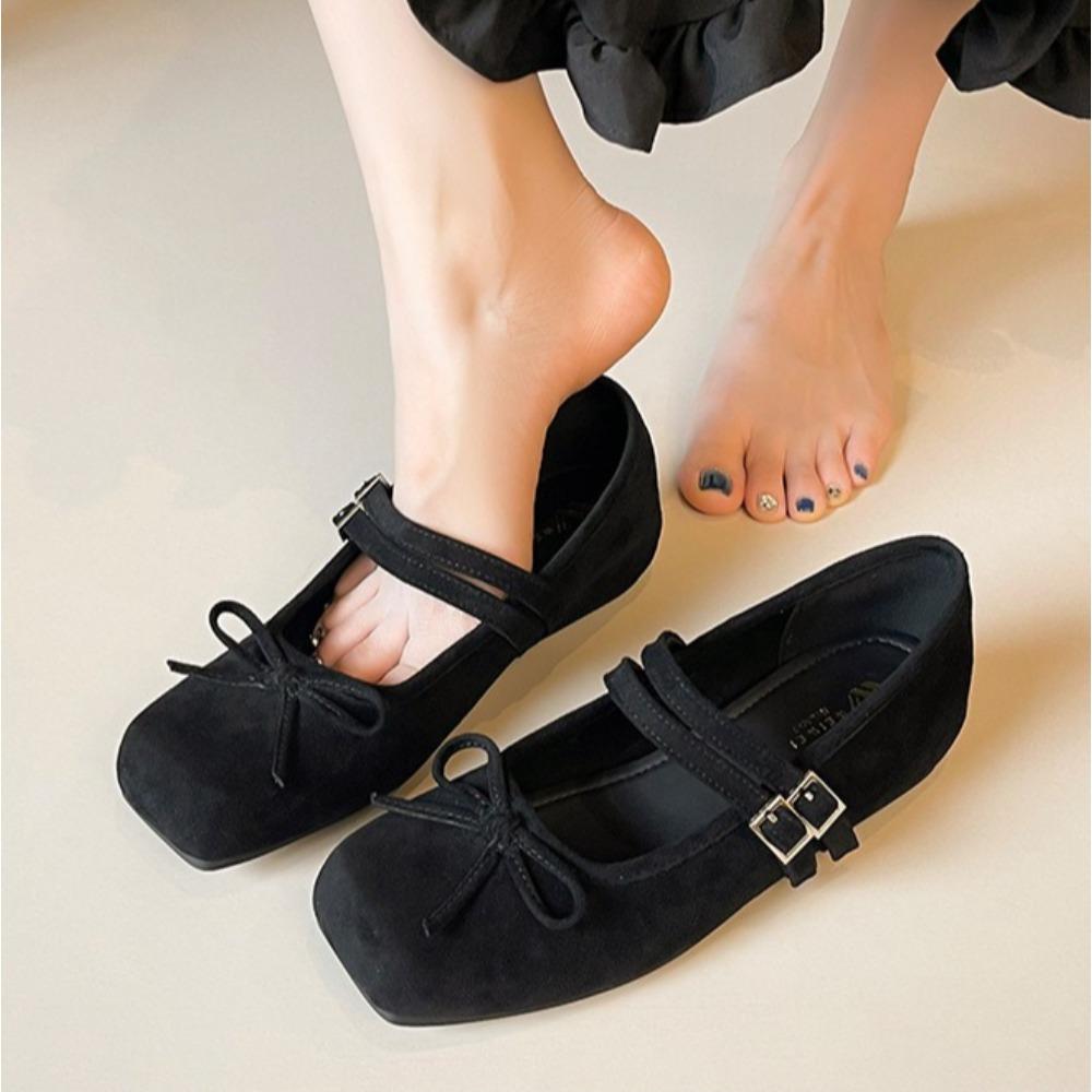 Flat Shoes Women's Spring and Summer Retro Bow Word with Mary Jane Shoes Shallow Mouth Inner Height Increase Pumps Women