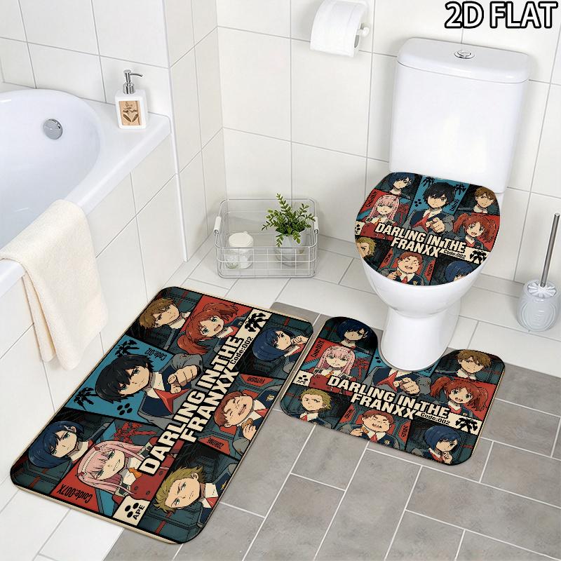 Franxx Collage 3Pcs Flannel Toilet Mat Set Bathroom Rug Bath Carpet Non Slip Home Decor Toilet 3 Pcs Bathroom Textile Set
