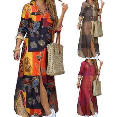 Fashion Women Dress Single-breasted Long Sleeve Printed Loose Maxi Shirt Dress for Office