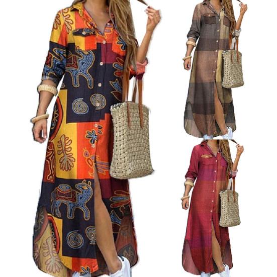 Fashion Women Dress Single-breasted Long Sleeve Printed Loose Maxi Shirt Dress for Office