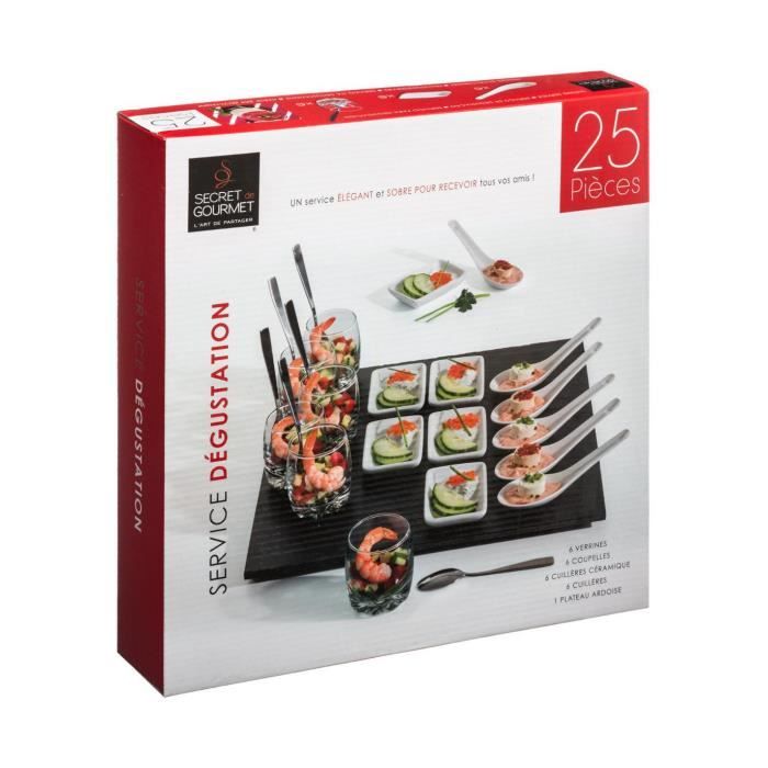 Set apéritif carré de 25 pièces - Secret de Gourmet - Verre, ardoise, porcelaine, inox - 30,5 x 6,5 x 30,5 cm