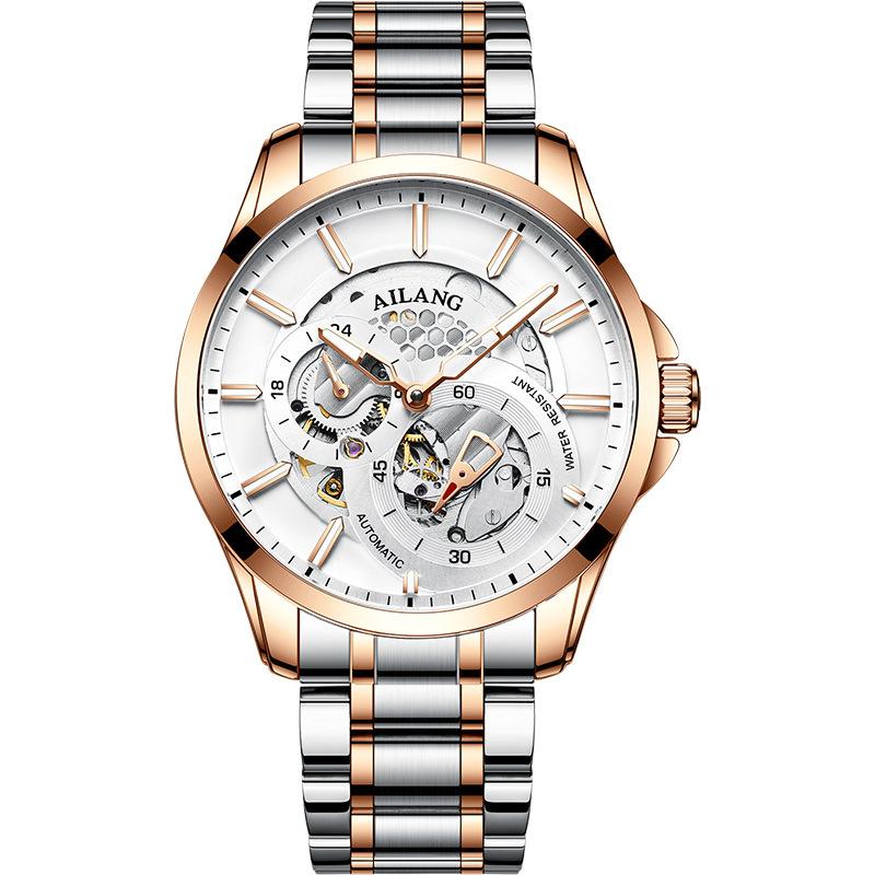 AILANG Men Automatic Mechanical Wristwatch Hollow Skeleton Dial Stainless Steel Band Business Sport Male Watch