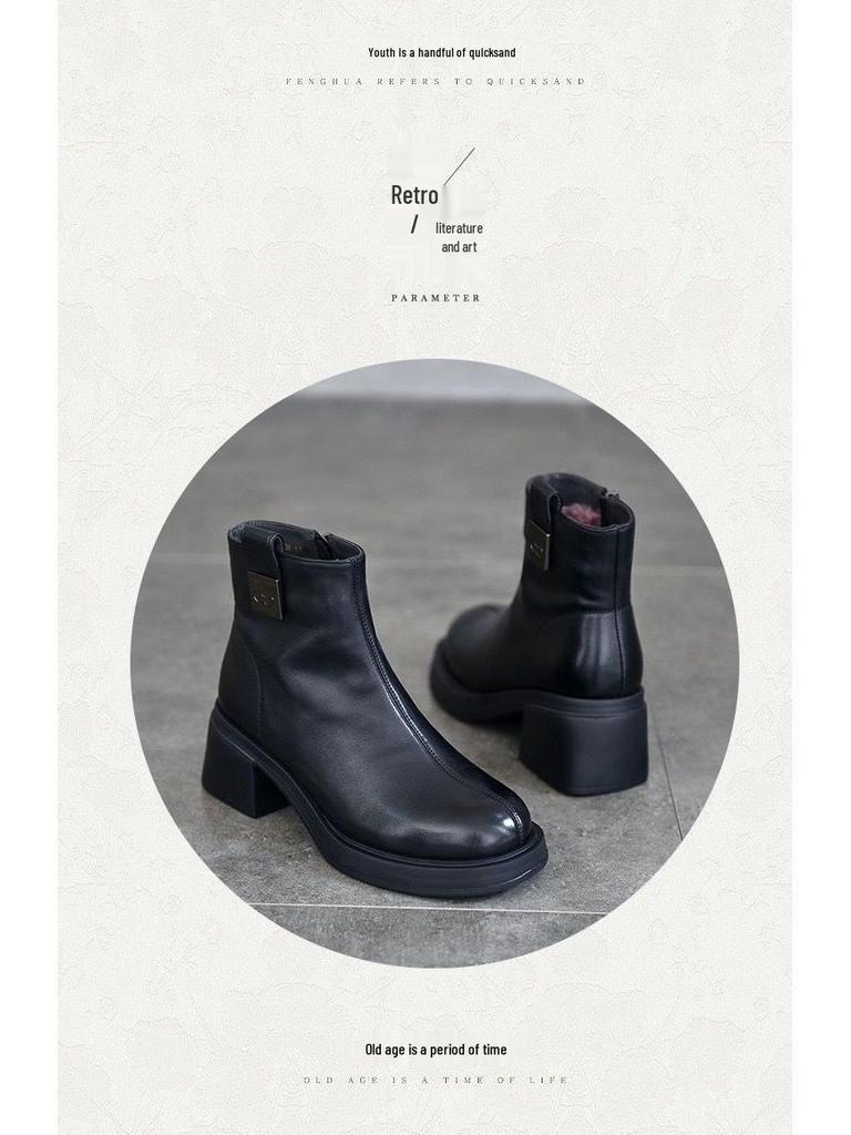 Women's British Style Velvet-Lined Leather Chunky Mid-Heel Winter Boots