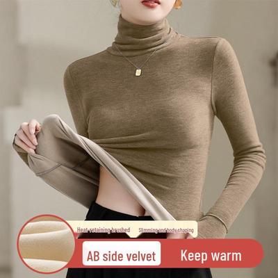 Double-Sided Plush Women's Warm Slim-Fit Black High Collar Base Layer Top for Autumn/Winter