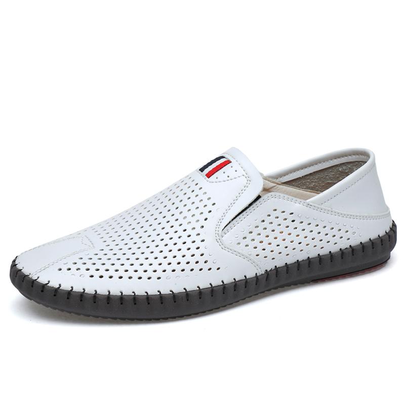 Sapatos masculinos de couro com costura à mão, sapatos casuais confortáveis, mocassins masculinos, sapatos baixos