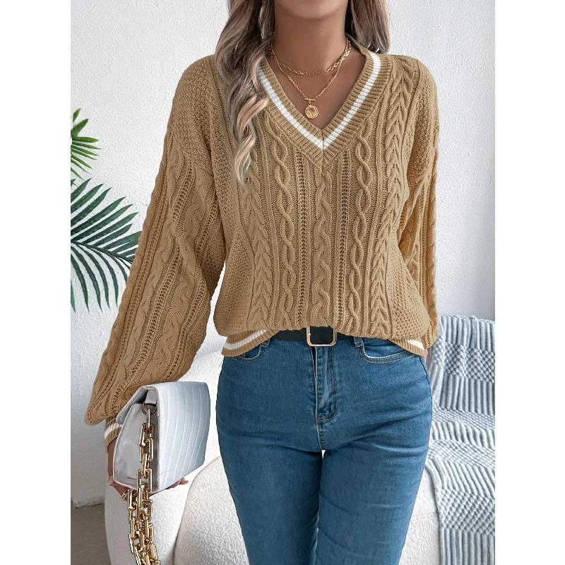 Women's V Neck Cable Knit Sweater Color Block Long Sleeve Loose Casual Knitted Pullover Jumper