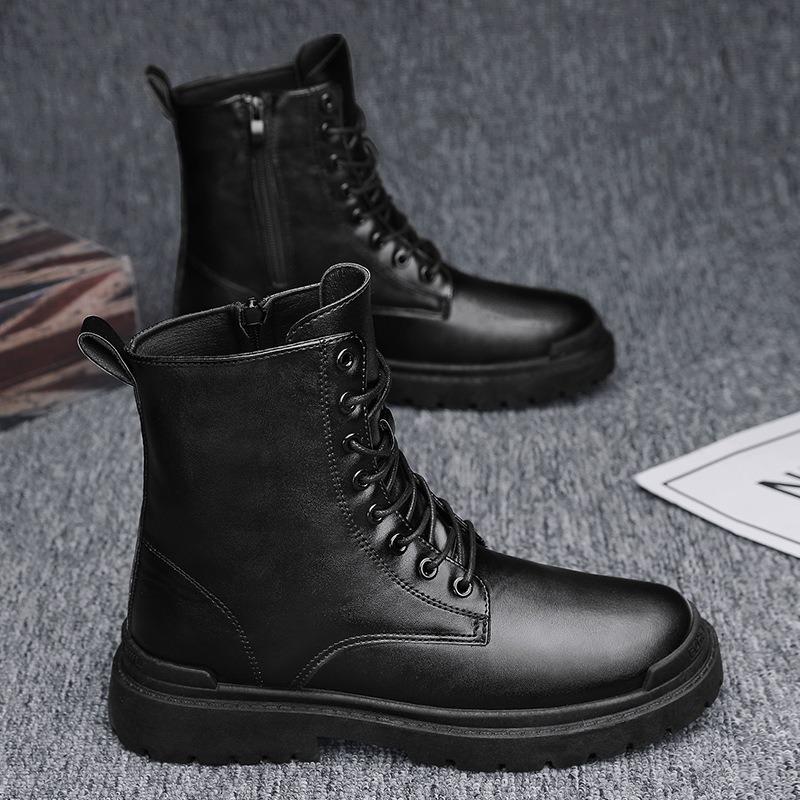 Martin Boots Men's High Top Men's Boots Large Size Medium Top Leather Shoes Black High Street Tooling Chelsea Short Boots Autumn