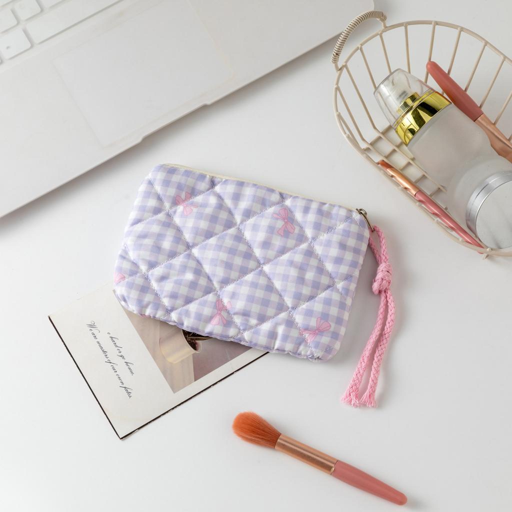 New Plaid Bow Coin Purse Zipper Coin Pouch Women Small Makeup Bag Headphone Data Cable Lipstick Pouch Cute Wallet Cute Purse