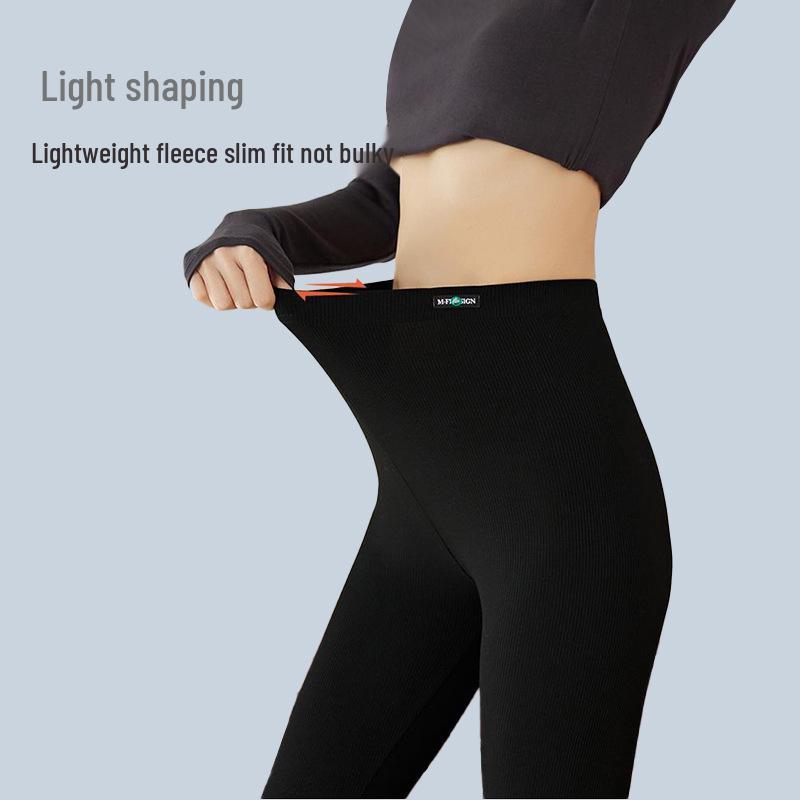 Women's High Waist Fleece-Lined Ribbed Leggings - Warm, Comfortable, Cotton, for Autumn and Winter Wear, Nine-Point Length.