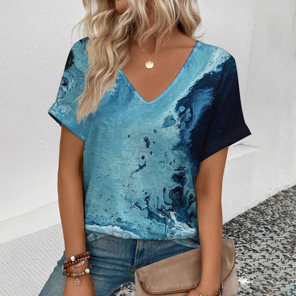 Women'sshort Sleeve V-Neck T-Shirt Colorful Tassels Pattern T-Shirt Fashion Casual Women's Elegant Comfort Large Size T-Shirt