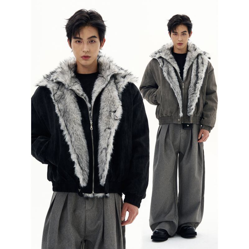Kisko American-Style Trendy Brand Double-Layer Fur Collar Thickened Cotton Jacket for Men and Women, Winter Warm Cool Jacket for Couples