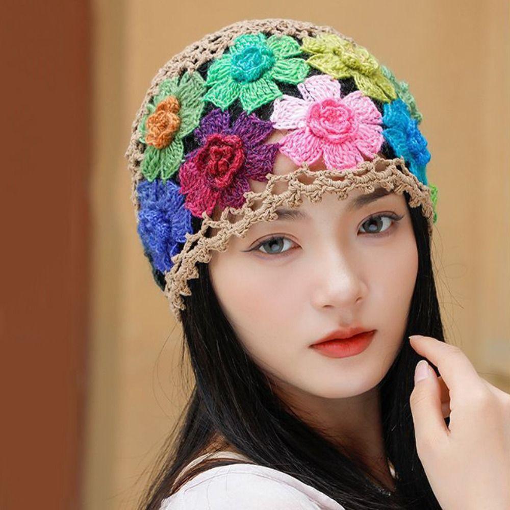 Crochet Flower Hollow Knitted Hat Colorful Ethnic Style Pullover Hat  Apparel Accessories