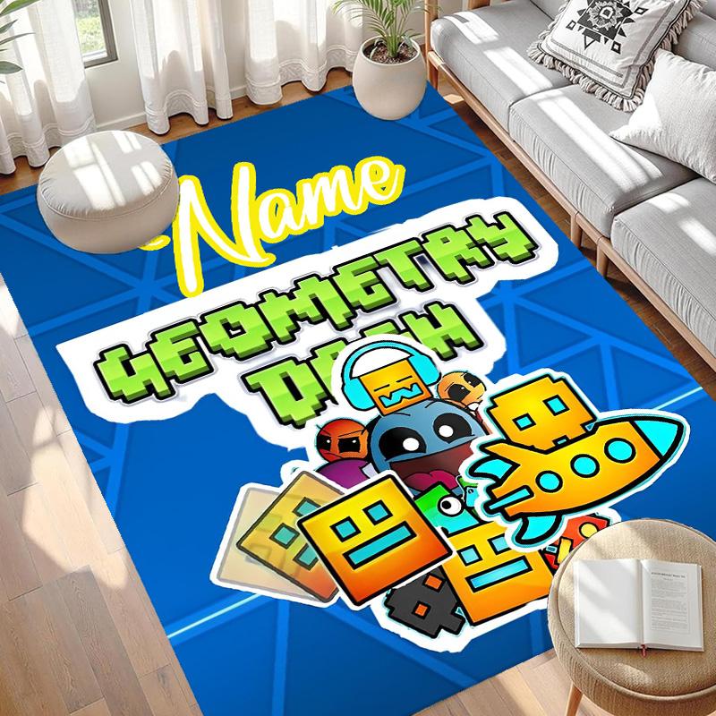 Custom Name Personalized Geometry Dash Print Carpet, Versatile Home Decor Rug, for Playroom, Apartment, Balcony, Entryway, Hallway Gift