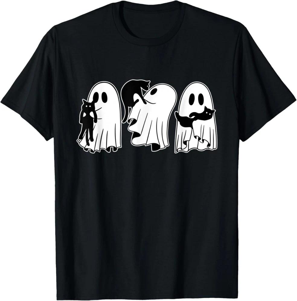 Ghost Holding Black Cat Halloween Cat Lover Women T-Shirt