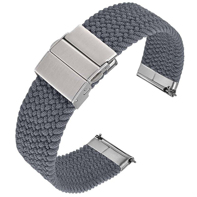 

[Anbeer] 20mm watch band braided nylon replacement band Steplessly adjustable quick release Three-fold push buckle gray silver buckle