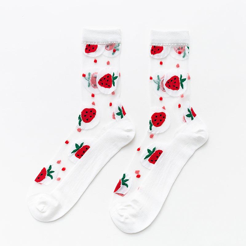 Women Thin Transparent Socks Crystal Glass Silk Socks Ladies Sweet Fruit Strawberry Avocado Peach Watermelon Summer Mesh Socks