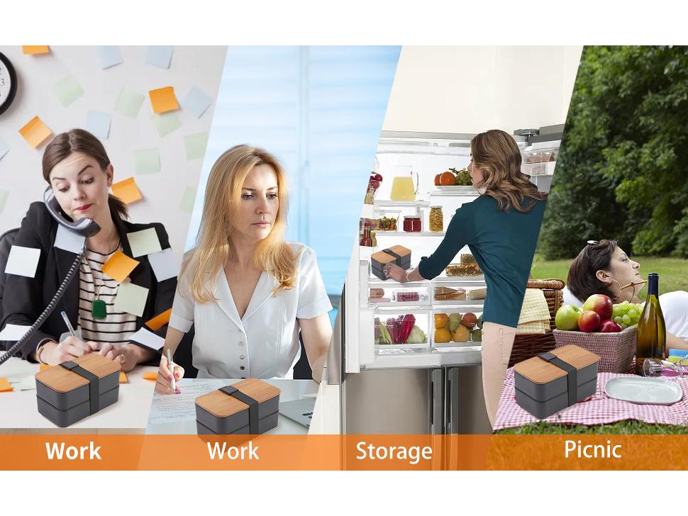 Japanese Bamboo Double-Layer Insulated Lunch Box with Large Capacity and Microwave Safe Plastic Compartments