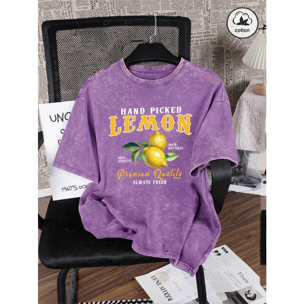 Hand Picked Lemon Always Fresh Print Washed T Shirt Women Cotton Clothes O-Neck Casual T-Shirt Loose Summer Top