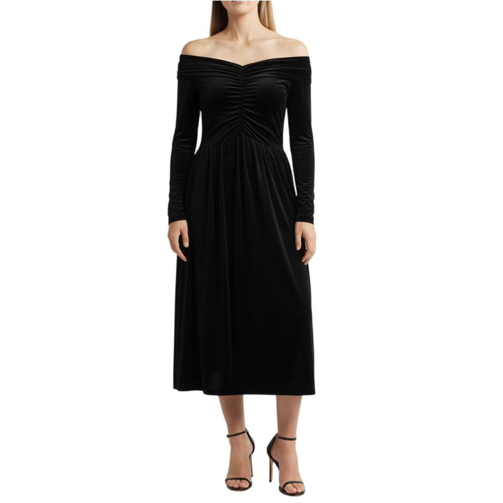 Damenmode Lässiges Samtkleid Einfarbig Elegant Hochtailliert Slim Langarm Schulterfrei Langes Kleid