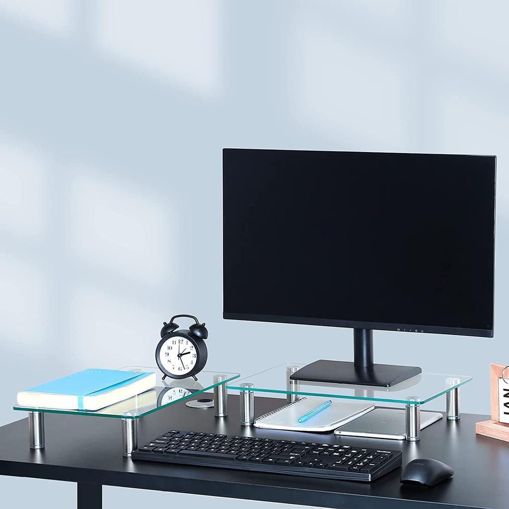 SKRYARD Monitor Desk Height 40cm 20kg Weight Keyboard Clear Tempered Set of 2 Stand, Stand, Adjustable, Wide, Capacity, Storage, Stable, Glass,