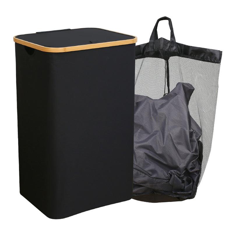 Foldable Bamboo Laundry Basket with Lid and Inner Bag for Bedroom or Bathroom