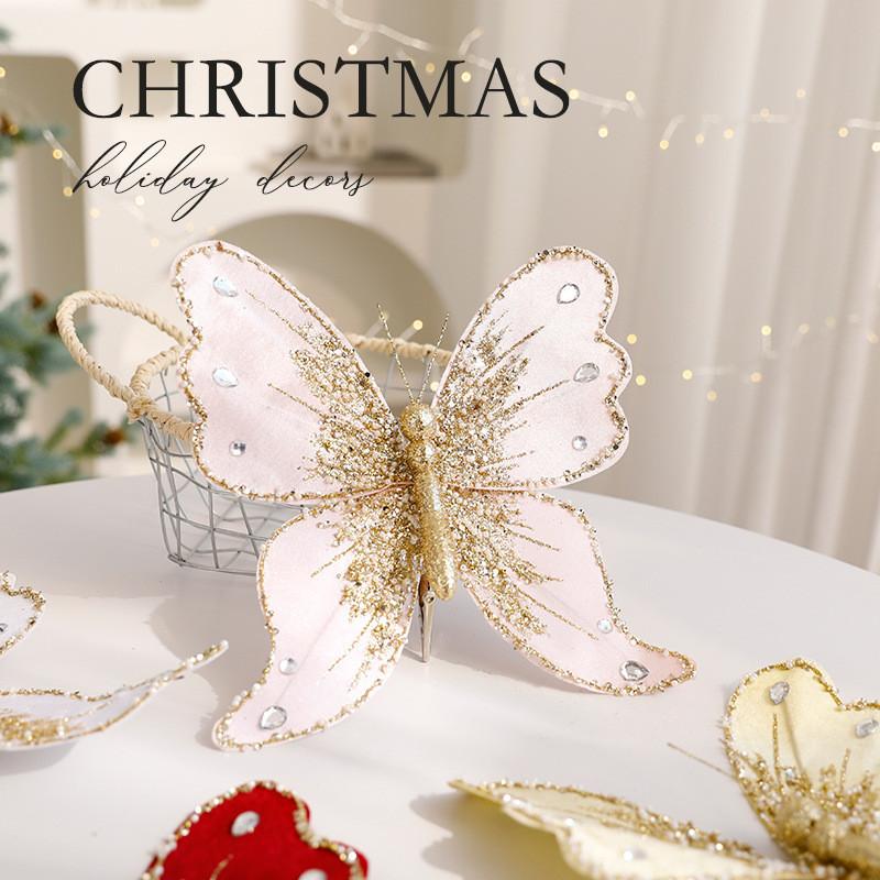 Christmas Tree Glitter Decor With Faux Butterfly Ornaments For Holiday Festivities