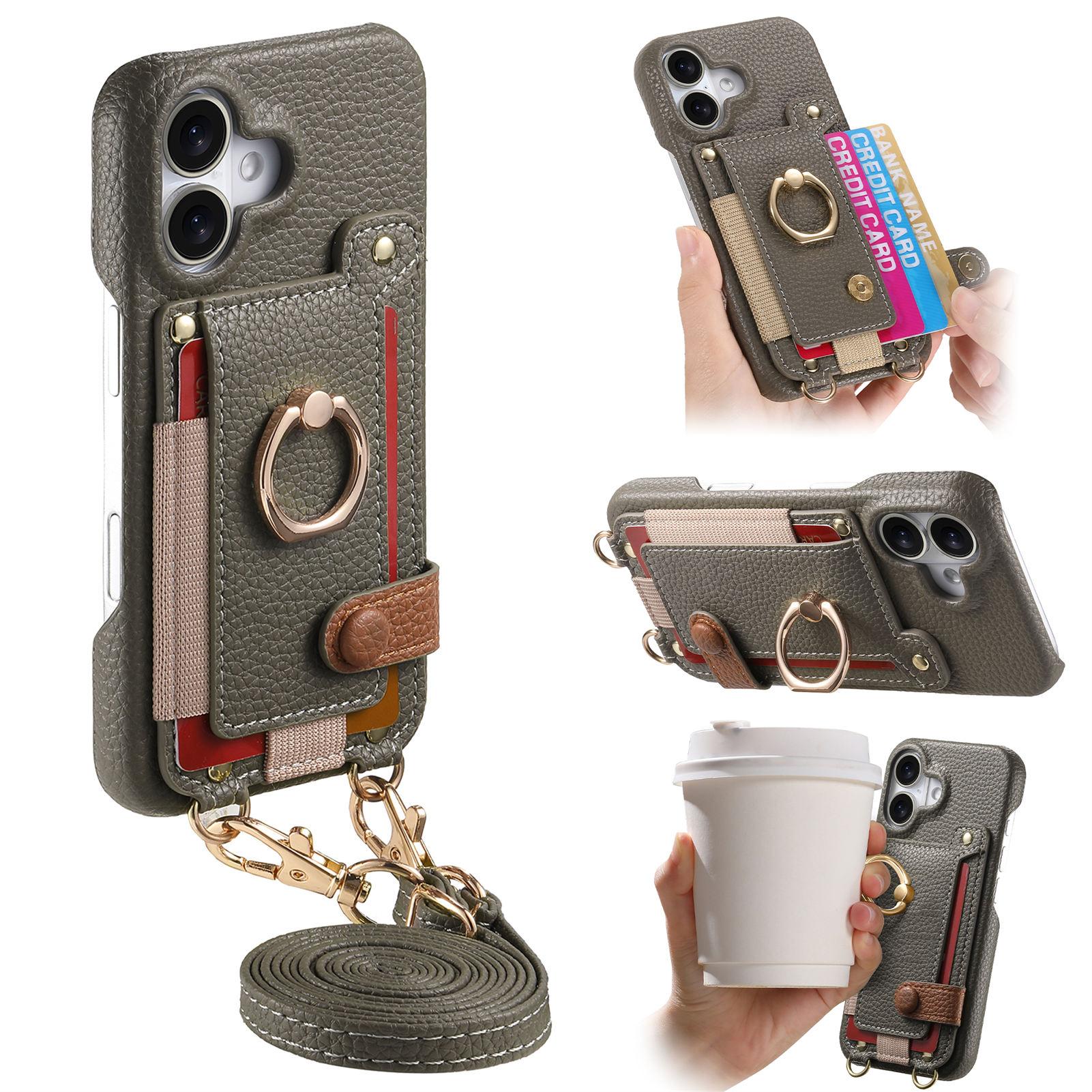 

Для iPhone 16 Чохол Тримач для карток Кільце-підставка Шкіра+ПК Чохол для телефону з плечовим ремінцем Grey
