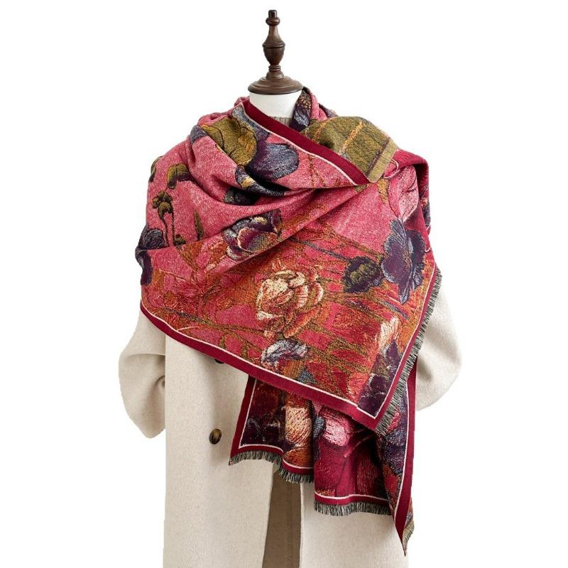 New retro oil painting scarf women's high-end sense autumn imitation cashmere jacquard warm scarf women give mother shawl