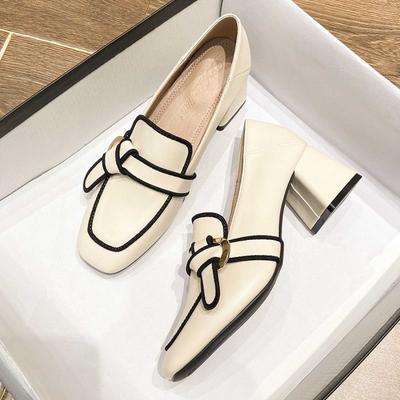 2024 New Spring/Autumn  Square Head Women's Single Shoes Classic Women's British Bow Thick Heel Soft Leather Women's High Heels