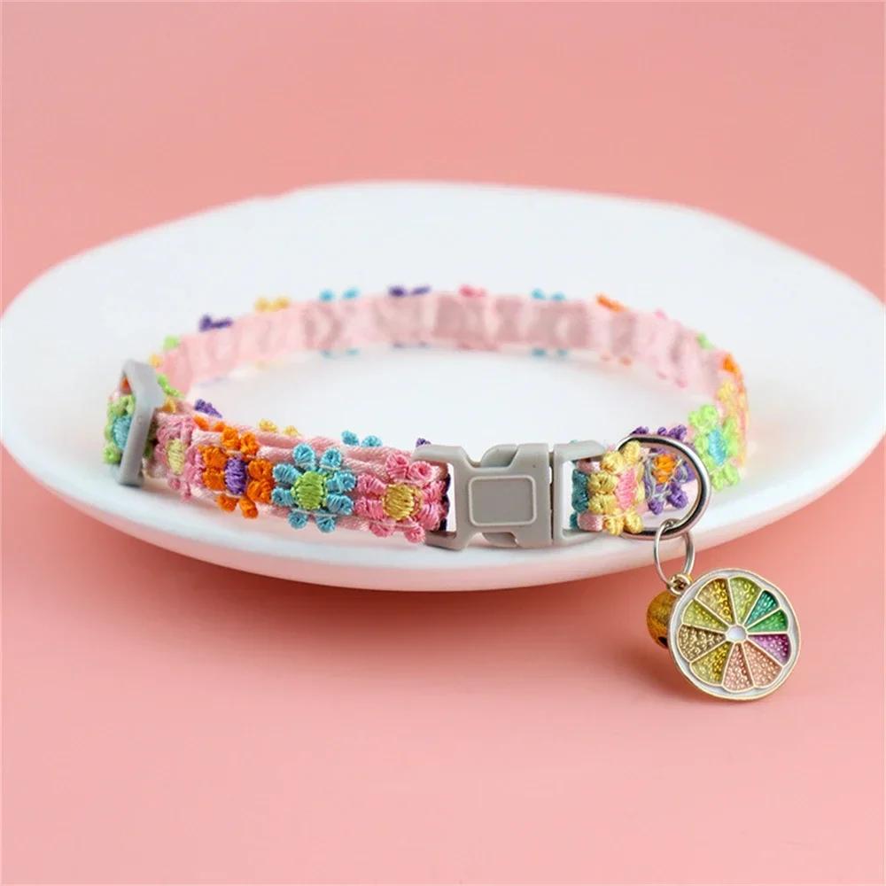 

Rainbow Flower Cat Collar with Bell, Adjustable Buckle Lace Kitten Puppy Neck Strap, Cute Colorful Pet Collar Accessories лимон
