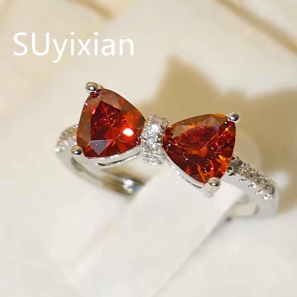 925 Sterling Silver Stylish Delicate Red Zircon Bow Ring, Birthday Party Anniversary Gift, Ladies Jewelry
