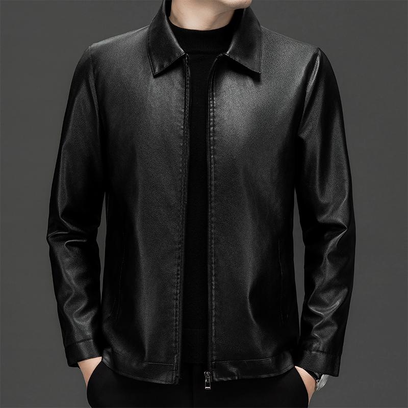 Obchodní a volnočasová móda s límcem stojáčkem a módním klopovým límcem, pohledná pánská kožená bunda