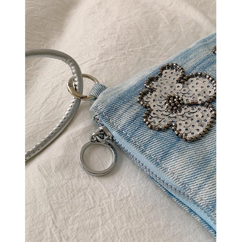 Sequin Embroidery Flower Denim Small Bag, Women's Versatile Phone Bag, Single Shoulder Crossbody Bag, Children's Bag