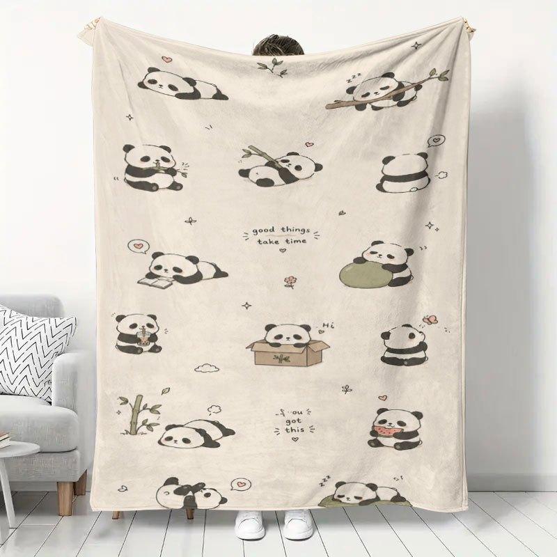 1pc Home Panda Print Flannel Blanket, Cute National Treasure Pattern Skin-Friendly Warm Blanket, Office Nap Blanket for Bedroom And Living Room, Stude