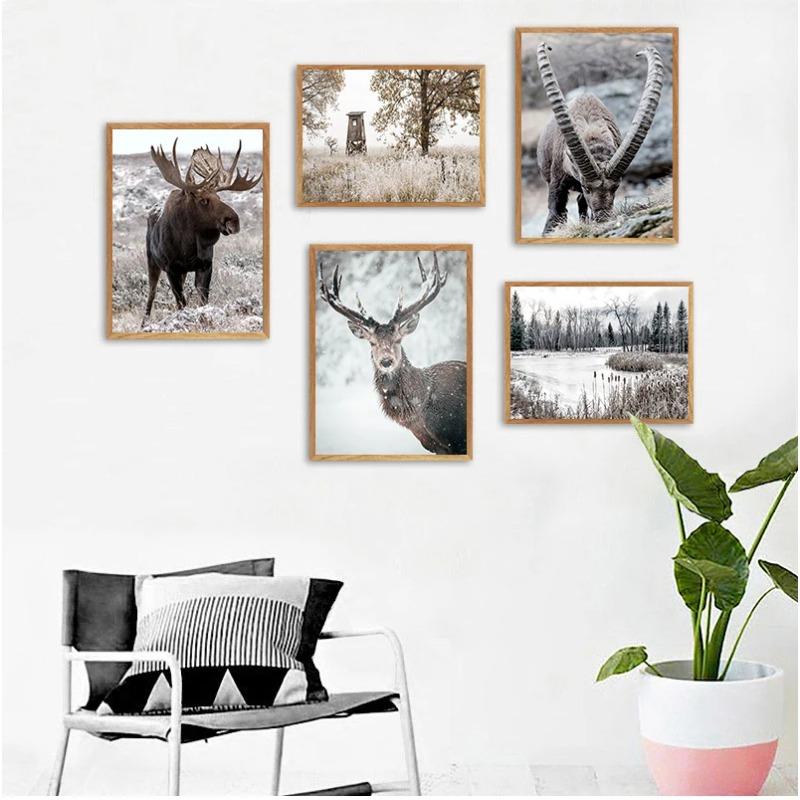 Scandinavian Poster and Print Winter Nature Landscape Canvas Painting Beer Deer Animal Wall Art Picture Nordic Style Home Decor