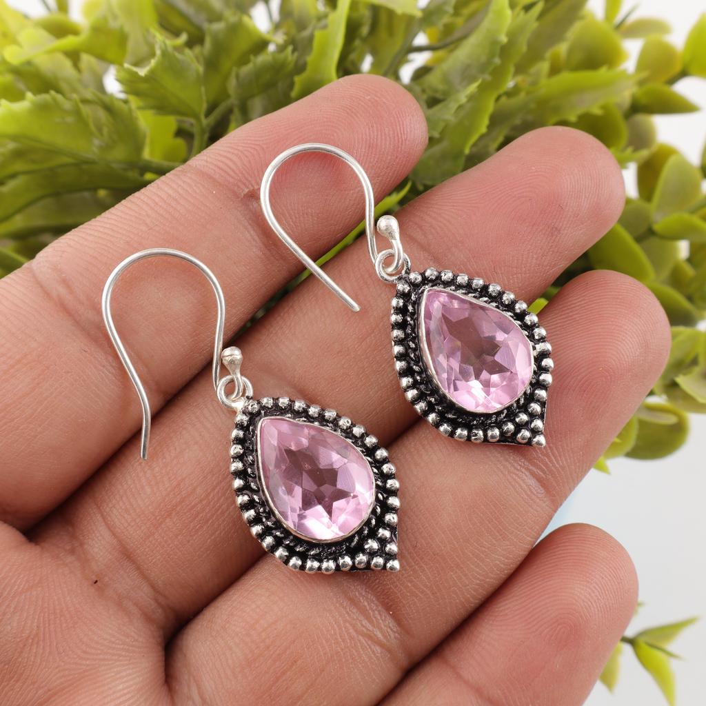 Morganite Earrings, Handmade Gemstone 925 Solid Sterling Silver Earrings Meditation Jewelry, For Engagement Gift