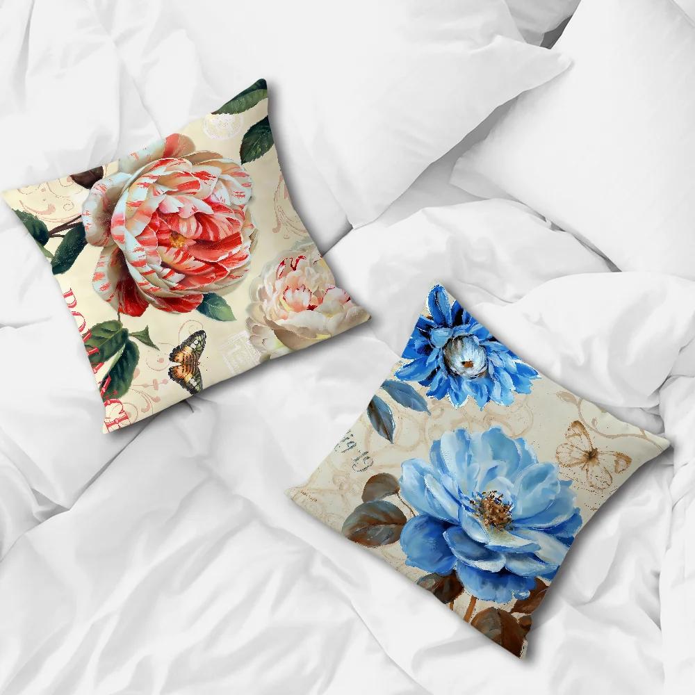 Flower Soft Pillow Case Exquisite For Sofa Living Room Retro Home Office Decor Protective Covers Style Without Art Pillow-Insert