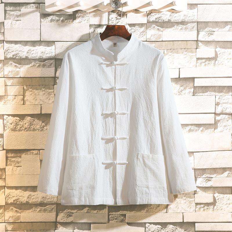 Chinese Traditional Tang Suit Hanfu Kimono Linen Shirt Solid Color Stand Collar Shrts Men Cardigan Casual Retro Button Top