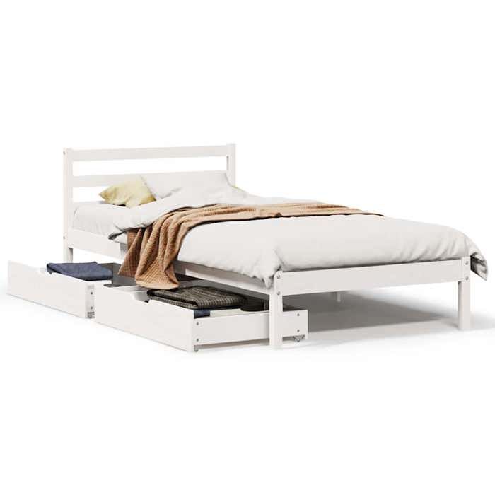 VidaXL Bed Frame with Drawers White 75x190 Cm Solid Pine Wood, Slatted Base, Single Bed Frame, Wooden Bed Frame 3301525