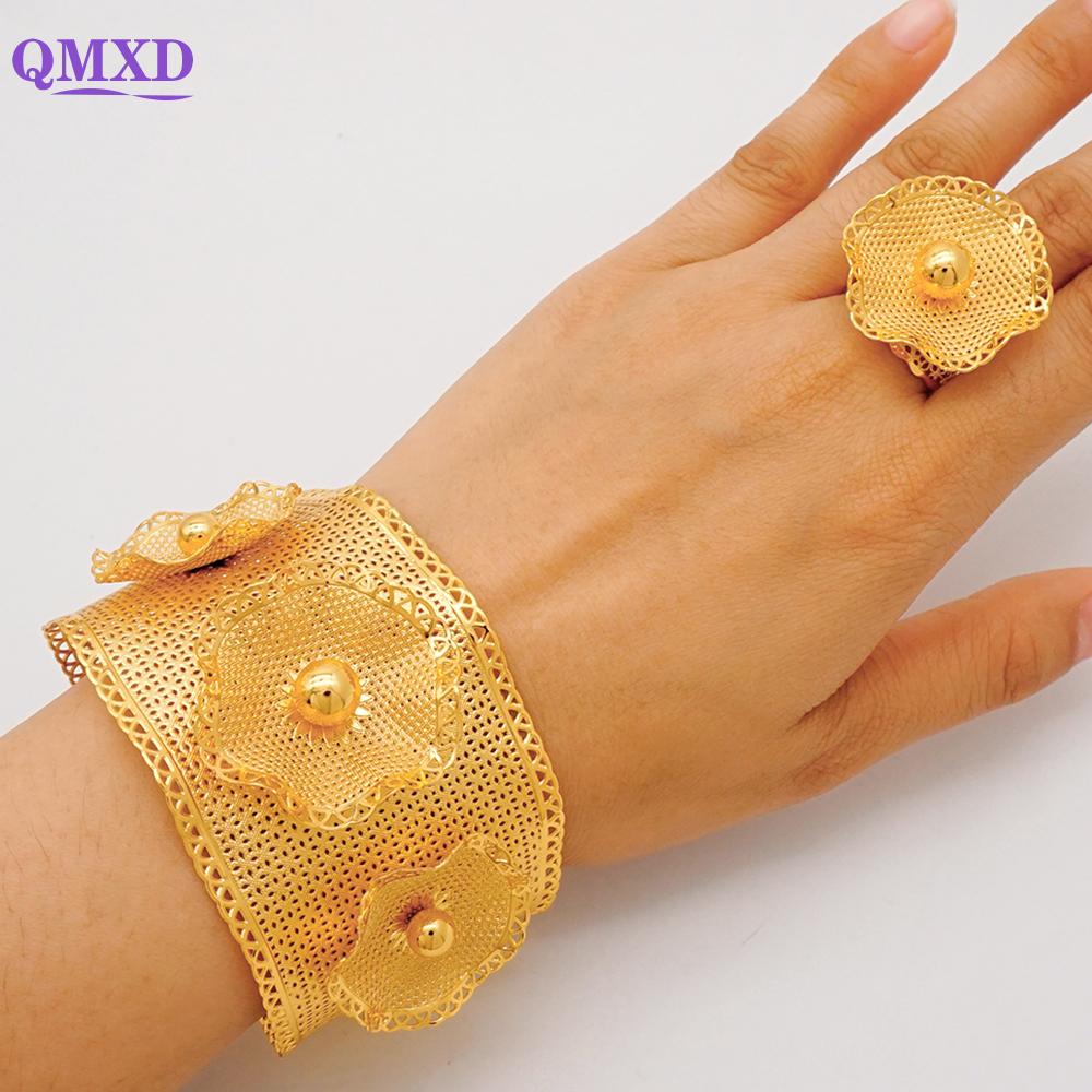 Dubai Gold Color Bangle With Ring For Women Charm Chain Cuff Bracelet Indian Bracelet Arabic France Bridal Wedding Jewelry Gifts