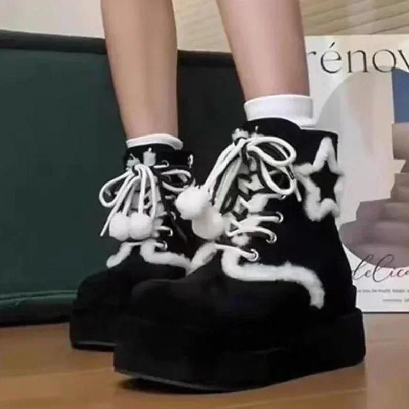 Fashion Shoes for Women 2025 High Quality Lace Up Women's Boots Winter Round Toe Plush Fleece for Warmth Middle Barrel Fashion Boots