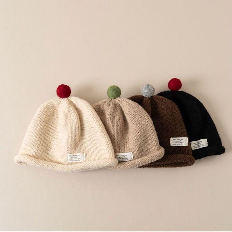 Plush Ball Kids Pullover Cap Korean Children Melon Caps Winter Warm Woolen Knit Hat Solid Color Crochet Bonnet Baby Beanies 1-6Y